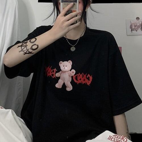 Korean Dropshipping Cute Bear Punk Gothic Women Clothes Top Short Sleeve HipHop Vintage Letter Print Harajuku Women T-Shirt