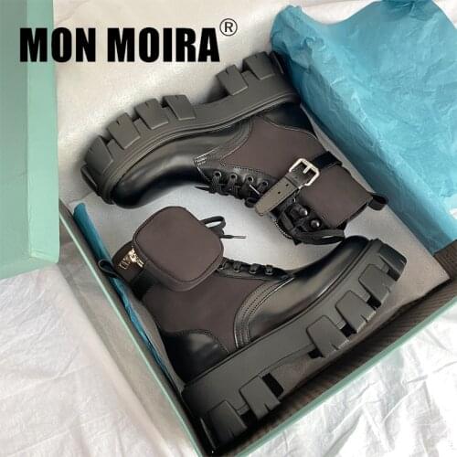 MONMOIRA Black Punk Ankle Platform Motorcycle Martin Boots Women Lace up Chunky Heel Belt Buckle Pocket Designer Shoes Women