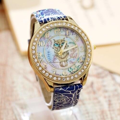 Gnova Platinum Pu Leather Little Owl Style Watch Woman Vintage Retro Women Wristwatch Golden Rim Girl Dama Lady Clock