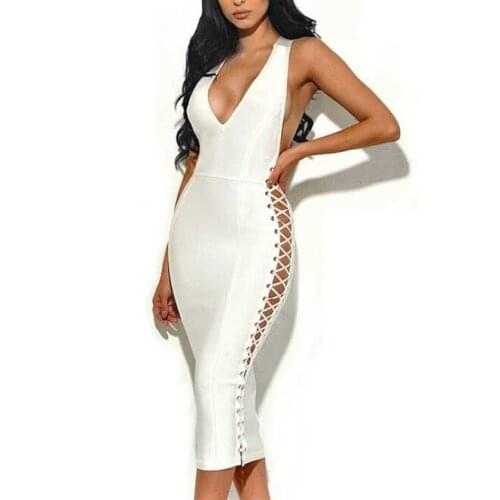 White 2018 Bandage Dress Knee Length Dresses For Women Lace Up Bothsides Sexy Bandage Dress Sleeveless Sheath