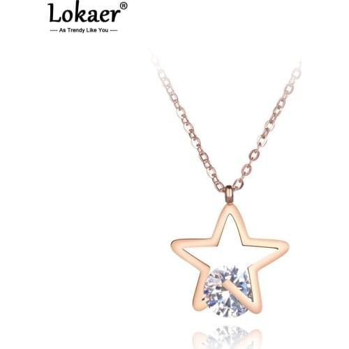 Lokaer Office Stainless Steel Cubic Zirconia Star Pendant Necklaces Jewelry Rose Gold Chokers Necklace For Women Girls N19013