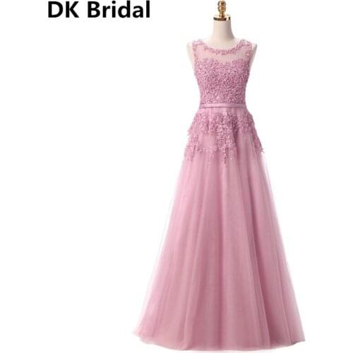 Robe De Soiree Sweet Pink Lace Beading A-Line Long Evening Dress Bridal Scoop Sleeveless Transparent Banquet Sexy Prom Dress