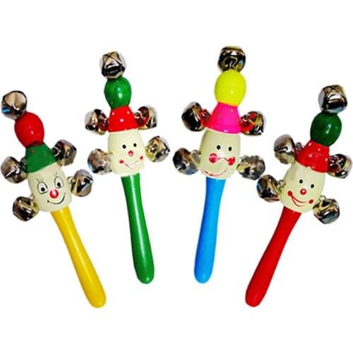1pcs Infant Wooden Colored Cartoon Hand Bells Funny Toy Cute Early Education Baby Musical Clowns Vertical Hand Bells Kids