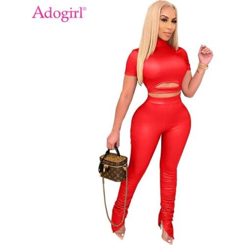 Adogirl Women Faux PU Leather Sexy Two Piece Set S-4XL Short Sleeve Crop Top Stacked Pants Suit Female Outdoor Club Clothing