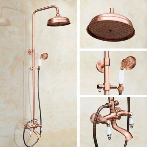 Antique Red Copper Brass Bathroom Shower Faucet Set Bathtub Shower Faucet Bath Shower Tap Rainfall Shower Head arg544