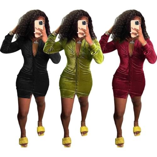 Velvet Single-breasted Long-sleeved Shirt Dress Bodycon Curved Dresses Nightclub Outfit Short Skirt Women Dropshipping