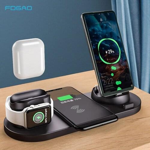 FDGAO 6 in 1 Charging Stand 10W Qi Wireless Charger Dock Station For Apple Watch 6 SE 5 4 3 2 AirPods Pro iPhone 12 11 XS XR X 8