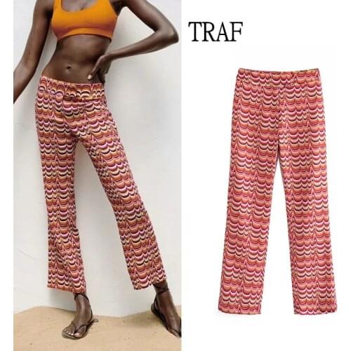 TRAF Za 2021 Woman Pants Summer Women Clothing Vintage Print Trousers Woman High Waist Wide Leg Pants Loose Chic Y2K Women Pants