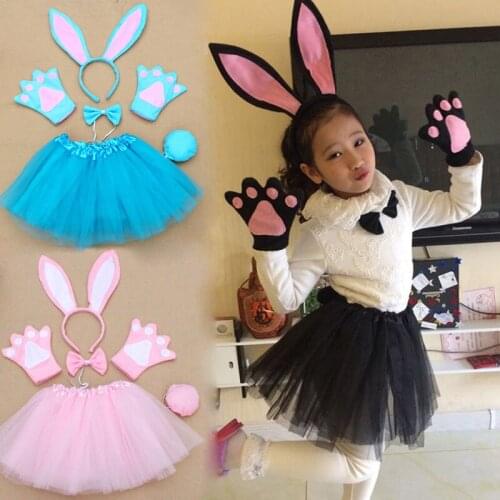 Children Halloween Party Cosplay Black Blue Grey White Pink Rabbit Bunny Ear Headband Gloves Tutu Bow Tie Tail Costume Set