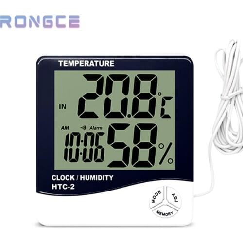 Indoor Outdoor LCD Electronic Temperature Humidity Meter Room Digital Thermometer Hygrometer Weather Station Alarm Clock HTC-2