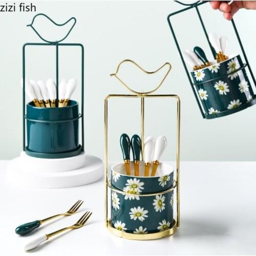 European Luxury Golden Fork Spoon Set Stainless Steel Chrysanthemum Pattern Ceramic Storage Jar Kitchen Tableware Set Decoration