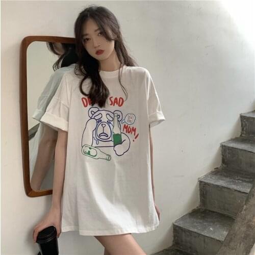 Bear Graphic T Shirts Retro Street Hip Hop Short Sleeve Womens T-shirt Round-Neck Summer Plus Size Female Summer Tops Y2k Tops