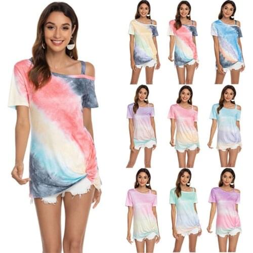 Fashion Summer Women T-shirt Gradient Color Off Shoulder O-Neck Short Sleeve Causal Loose Streetwear Harajuku T-Shirt Top Tees