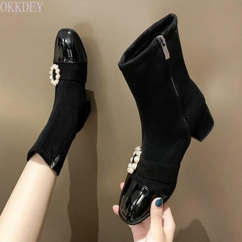 Fashion elastic boots womens boots 2021 summer and autumn new pearl thick heel thin tube size square head retro shoes