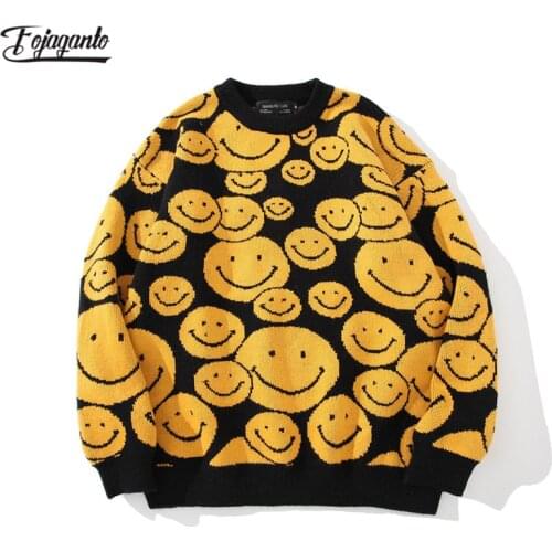 FOJAGANTO Mens Oversize Sweaters 2021Autumn Winter Tops Smile Cartoon Clothing HipHop Streetwear Pullover Harajuku Sweater Men