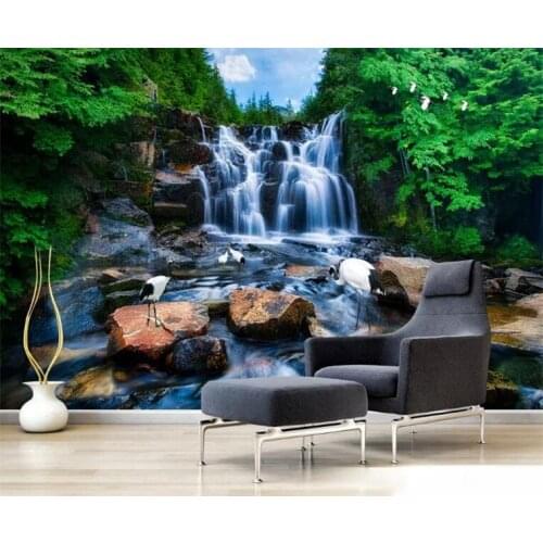 Custom Chinese Wallpaper Murals Natural Landscape Waterfalls Stone Crane Wall Mural 3D HD Photography Living Room TV Wall Papers