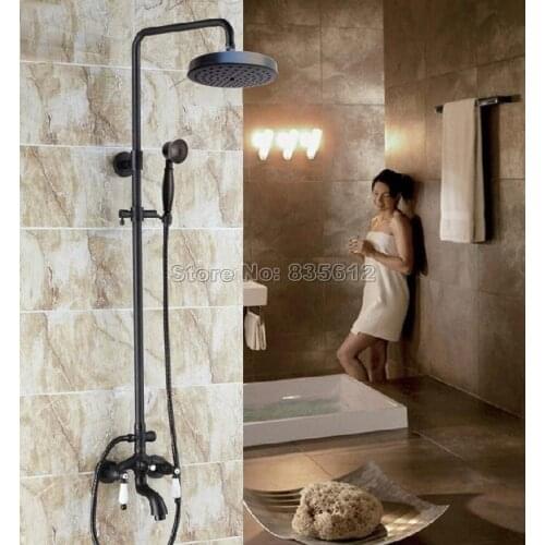 Bathroom Wall Mounted Black Oil Rubbed Bronze Rain Shower Faucet Set with Dual Ceramic Handles Bathtub Mixer Taps Wrs401
