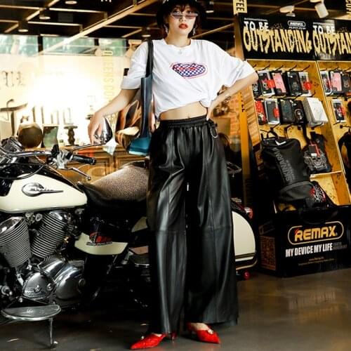 New Autumn Women Wide Leg Loose Real Trousers Plus Size Baggy Elastic Waist Casual Genuine Leather Pants Female Pantalon