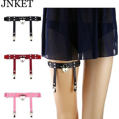 JNKET Punk Peach Heart Lock Garter Belt Leg Ring Womens Garters Strap PU Leather Suspender Elastic Body Harness Bondage Belts