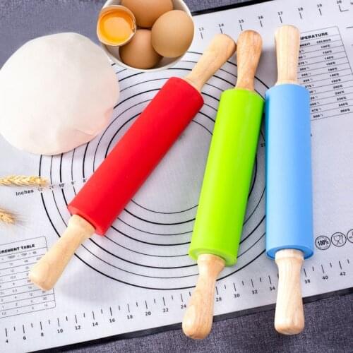 S M Non-Stick Wooden Handle Silicone Rolling Pin Pastry Dough Flour Roller Kitchen Baking Cooking Tools Christmas Rolling Pin