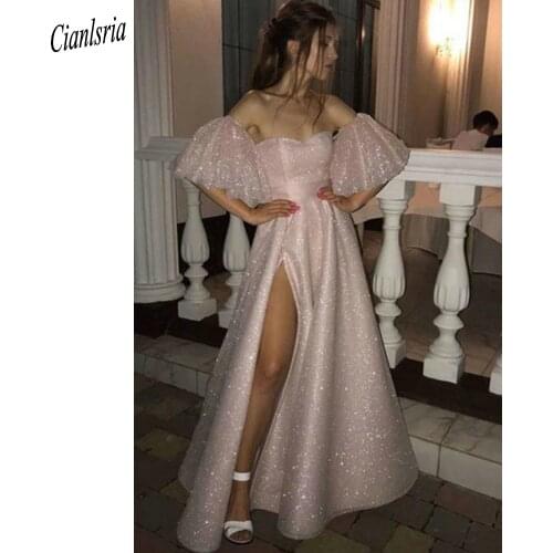 Pink Sparkly Crystal Tulle High Split A-Line Evening Dress Off The Shoulder Backless Half Sleeve Formal Evening Party Gown