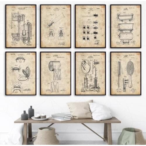 Industrial Style Modern Canvas Barbershop Patent Blueprint Toilet Pictures Wall Art Painting Nordic Posters Print Bathroom Decor