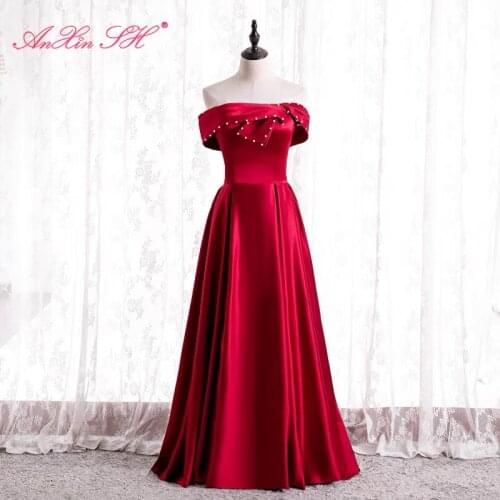 AnXin SH princess wine red satin evening dress vintage party boat neck sleeveless beading pearls zipper bride long evening dress