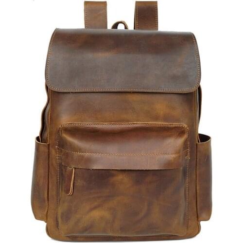 Vintage Genuine Leather Men Backpack Fashion Crazy Horse Leather Waterproof Women Backpacks Cow Leather Backpack bolsa masculina