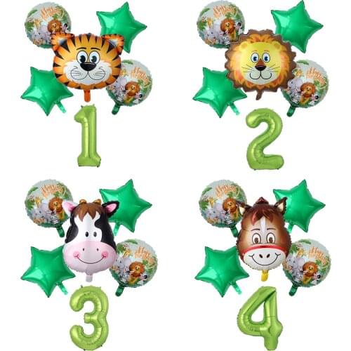6pcs/lot Jungle Animal Air Balloons Tiger Lion Cow Donkey Helium Ballon Kids Birthday Party Decor Safari Zoo Theme Party Globos