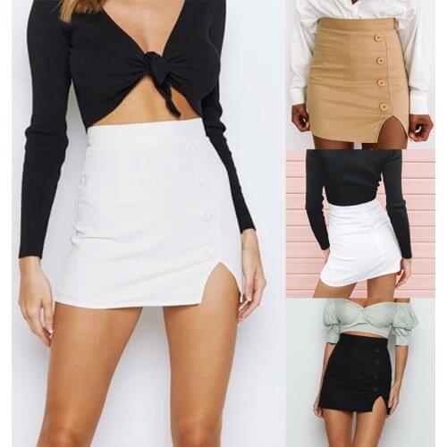Ladies Summer Sexy Bag Hip Skirt Slim A-Line Short Skirt High Waist Button Split Solid Color Skirt