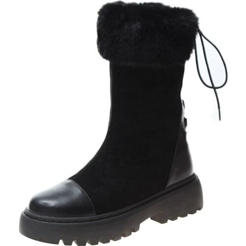 Winter Shoes Boots Women Platform Boots Fashion Shoes Mid-Calf Round Toe Flats Lace-Up Woman Leather Thick Bottom Vanny Factory