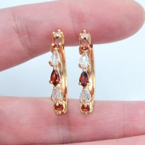 Gold Color Women Fashion White Red Teardrop Cubic Zirconia CZ Huggie Hoop Earrings Jewelry