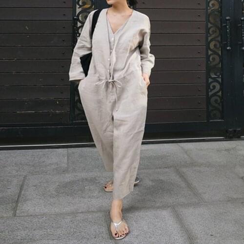 Johnature Korean Simple V-neck Women Jumpsuits 2021 Spring New Loose Button Ankle-length Female Bodysuits