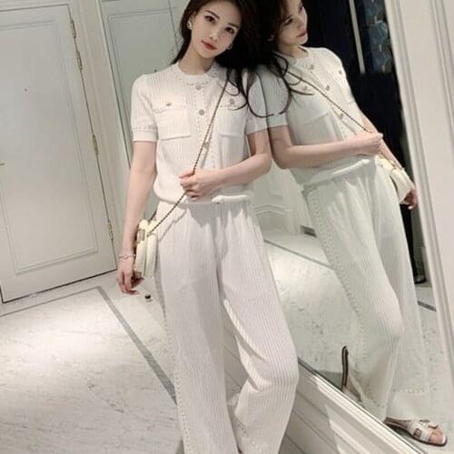 Fashion Suit Female 2021 Summer Ice Silk Pendant Wide-leg Pants Temperament Two-piece Short-sleeved Long-sleeved Pants Suit