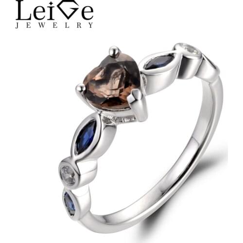 Leige Jewelry Wedding Ring Natural Smoky Quartz Ring Heart Cut Brown Gemstone 925 Sterling Silver Ring party Gifts for Women