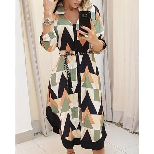 Spring Autumn Lady Womens Shirt Dress Geometry Stripe Wave Print Long Sleeve V-neck Casual Loose Holiday Midi Dresses Plus Size