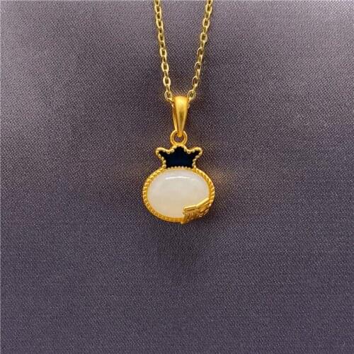 100% Original Silver S925 Necklace for Women 18K Real Gold Lucky Pocket Bag White Jade Pendant Necklace Clavicle Chain Jewelry