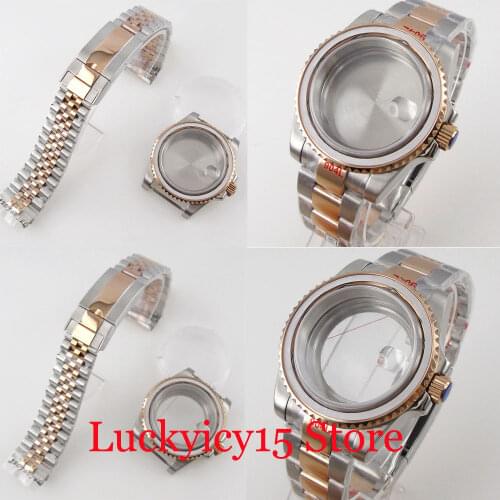 40mm Root Beer Rose Gold Watch Case fit NH35A NH36A Two Tone Oyster Bracelet Glass/Solid Metal Back