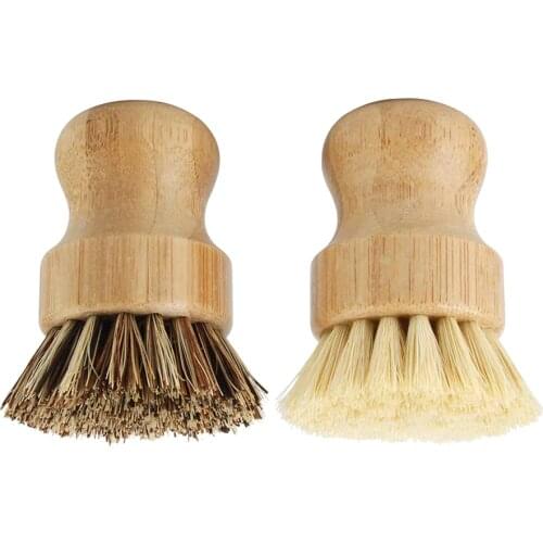 Bamboo Dish Scrub Brushes, Kitchen Wooden Cleaning Scrubbers for Washing Cast Iron Pan/Pot, Natural Sisal Bristles