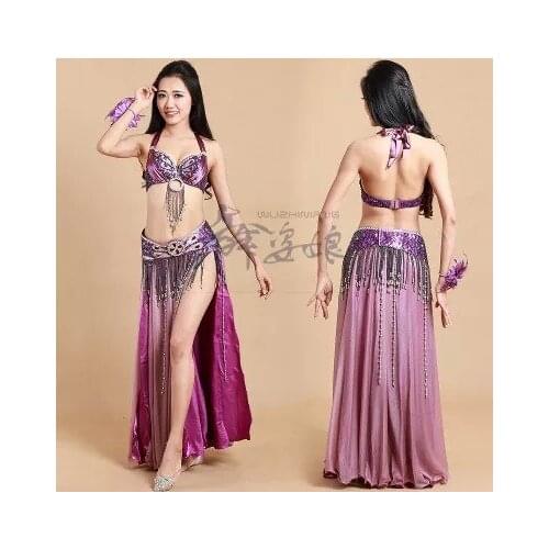 Belly Dance Costume Set 3pcs Bra/Belt/Skirt Bellydancing Practice Clothes Suits for Stage Show 10 colors available