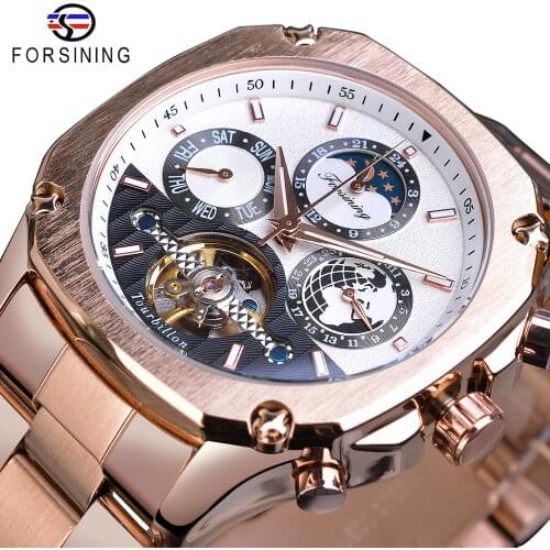 Forsining Mens Fashion Brand Mechanical Watch Rose Gold Tourbillon Moonphase Date Steel Band Automatic Watches Relogio Masculino