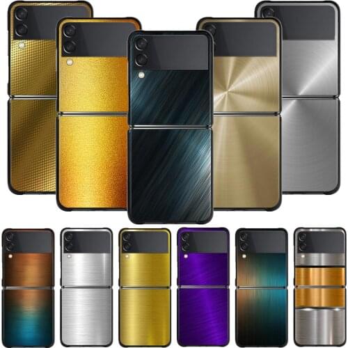 Black Phone Case For Samsung Galaxy Z Flip3 5G Z Flip Hard PC Shell Smartphone Capa Gold Brushed Metal Pattern