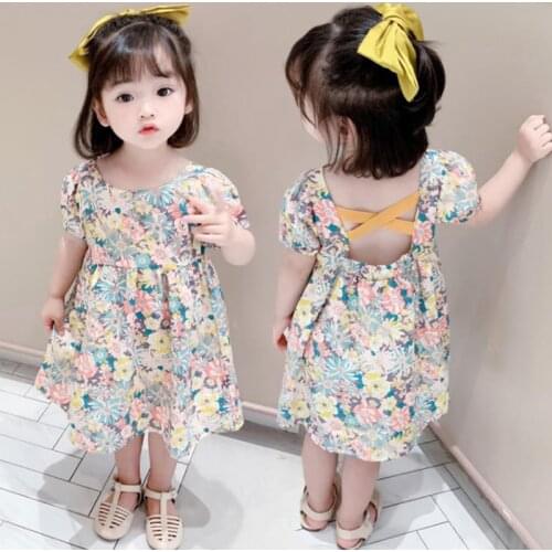 Kids Baby Girls Short Sleeve Dress Summer Flower Print Cross Strap Backless Hollow Out Cute Toddler Infant Children Clothing New