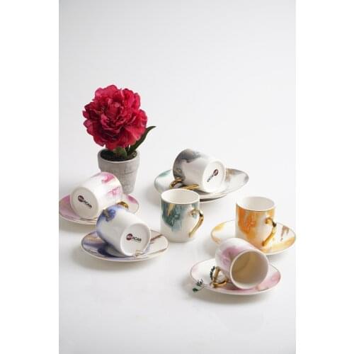 Porcelain Cream Coffee Cup Luxury Set Of 12 Quality Colorful Design Pattern Turkish Coffee Tea Cups with Saucers Plate Espresso