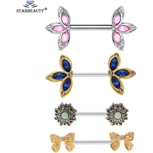1pair Opal Nipple Ring Piercing 14G (1.6mm) 316L Surgical Steel Bow Flower Nipple Ring Barbells Piercing Jewelry