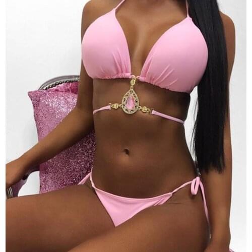 Womens Sexy Two Piece Split Bikini Set Fashion Rhinestone Diamond Decorated Halter Top+Trunks Female Biquini Brazilian Swimwear
