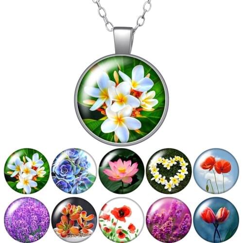 Lavender Lotus Plumeria succulent plant Round Pendant Necklace 25mm Glass Cabochon Women Girl Jewelry Party Birthday Gift 50cm