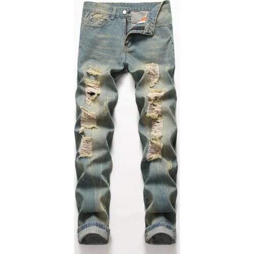 2020 New Arrival Fashion Hole Ripped Jeans Mens Slim Fit Straight Pleated Denim Pants Trend Vintage Jeans Brand Clothing 40 42