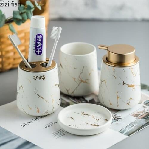 Marbling Texture Ceramic Bathroom Set Portable Soap Dispenser Mouthwash Cup Toothbrush Cup Lotion Bottle Soap Box Bath Supplies