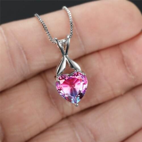 Charming Pink Purple Crystal Heart Pendant Rainbow Gradient Zircon Necklaces For Women Vintage Fashion Silver Color Necklace